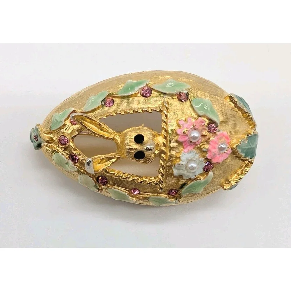 Vtg Mylu Easter Egg Bunny Brooch Pin Rhinestone Enamel Gold Tone